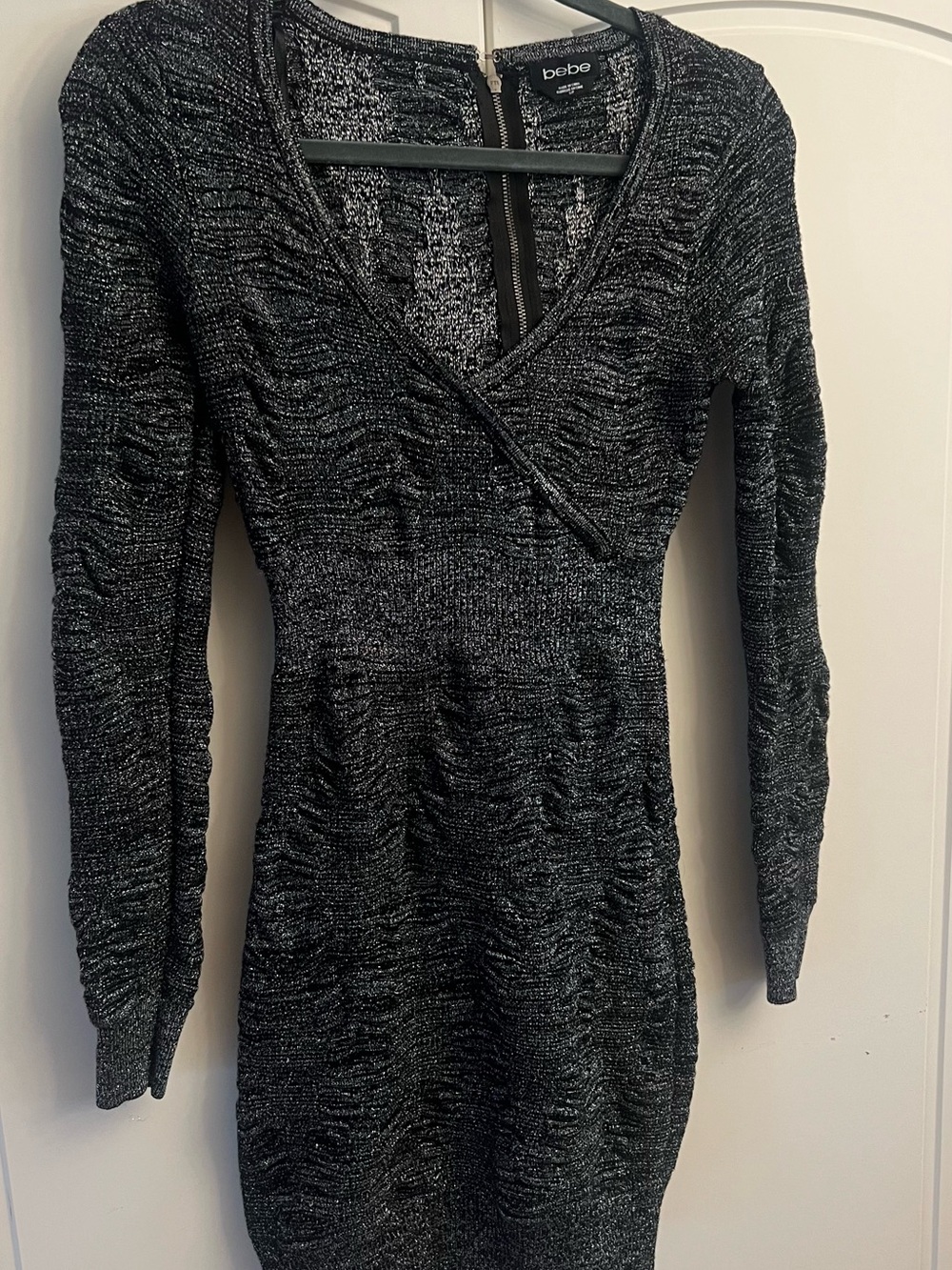 bebe Black Silver Metallic Long Sleeve Wrap Knit Dress